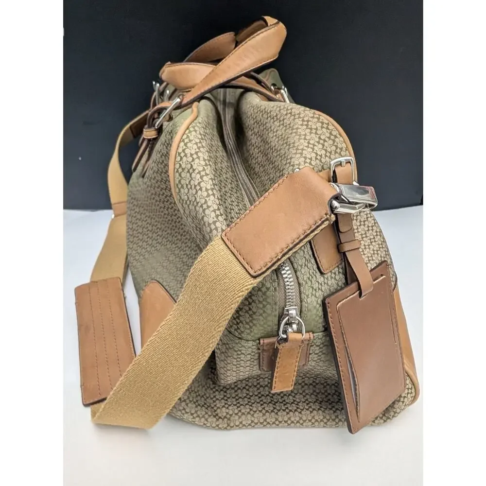 Coach Signature C Monogram Weekender Travel Bag Leather Trim Tan Green RARE